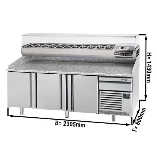 Pizza preparation table Premium PLUS- 2305x800mm - with 3 doors - incl. refrigerated display case - 11x GN 1/4