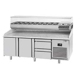 Pizza preparation table Premium PLUS - 1980x700mm - with 2 doors & 2 drawers - incl. refrigerated display case - 9x GN 1/4