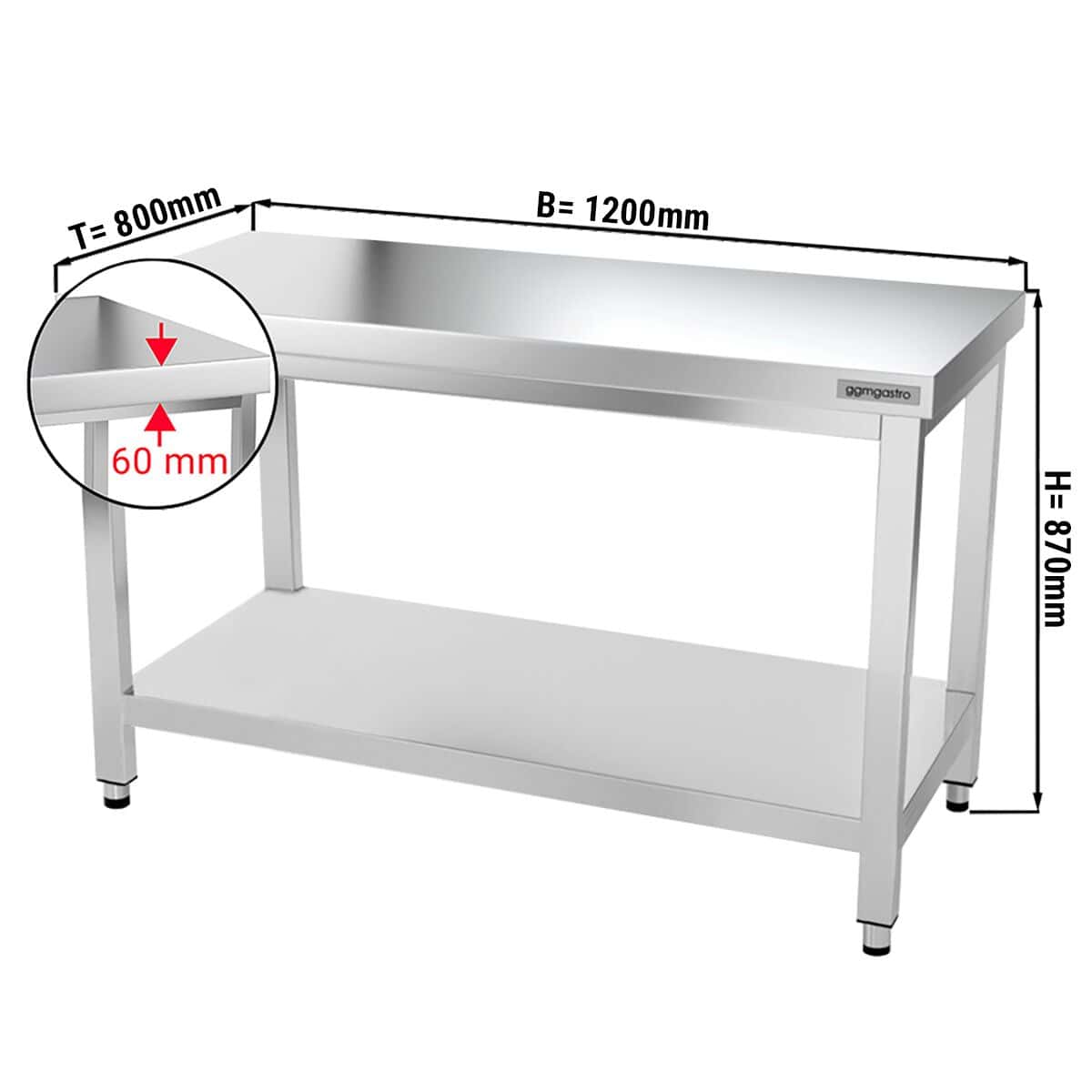 Edelstahl Arbeitstisch PREMIUM - 1200x800mm - mit Grundboden ohne Aufkantung