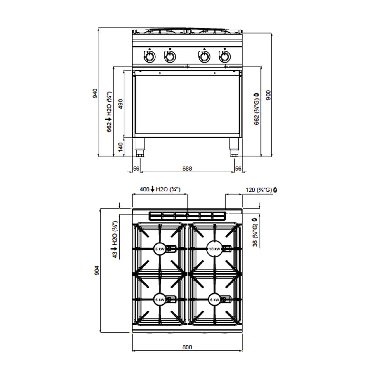 Plynový sporák - se 4 hořáky - 28 kW