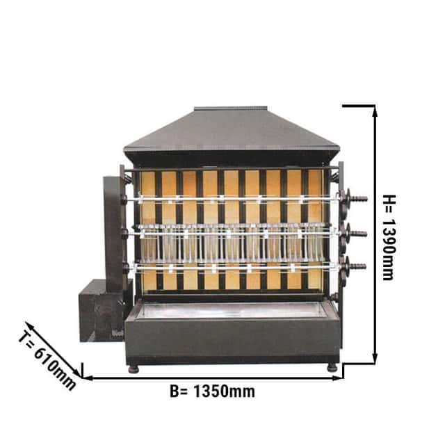 Holzkohle Hähnchengrill - mit 3 Spießen für bis zu 15 Hähnchen