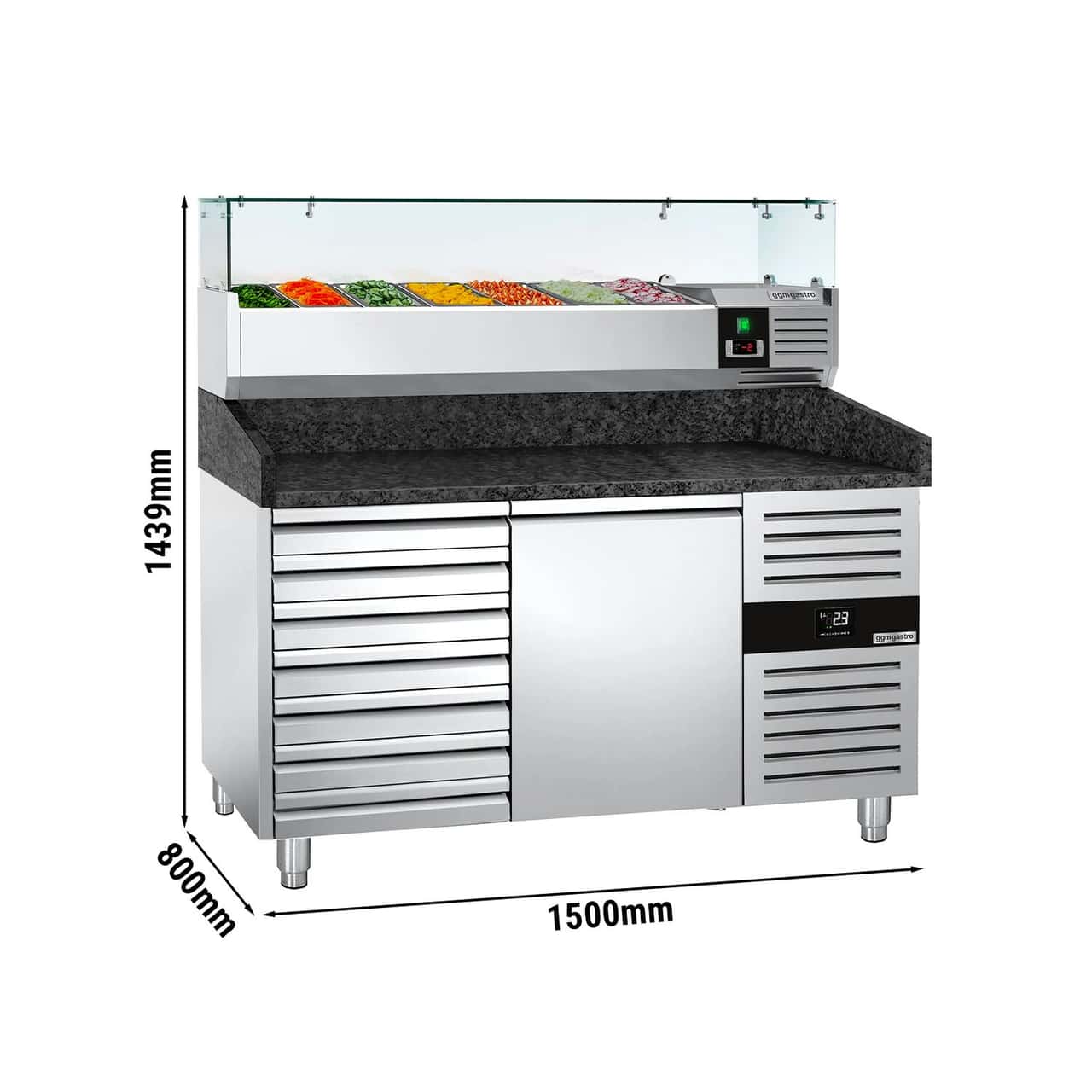 Pizzakühltisch PREMIUM - 1500x800mm - mit 1 Tür & 7 Schubladen - inkl. Kühlaufsatzvitrine - 6x GN 1/3