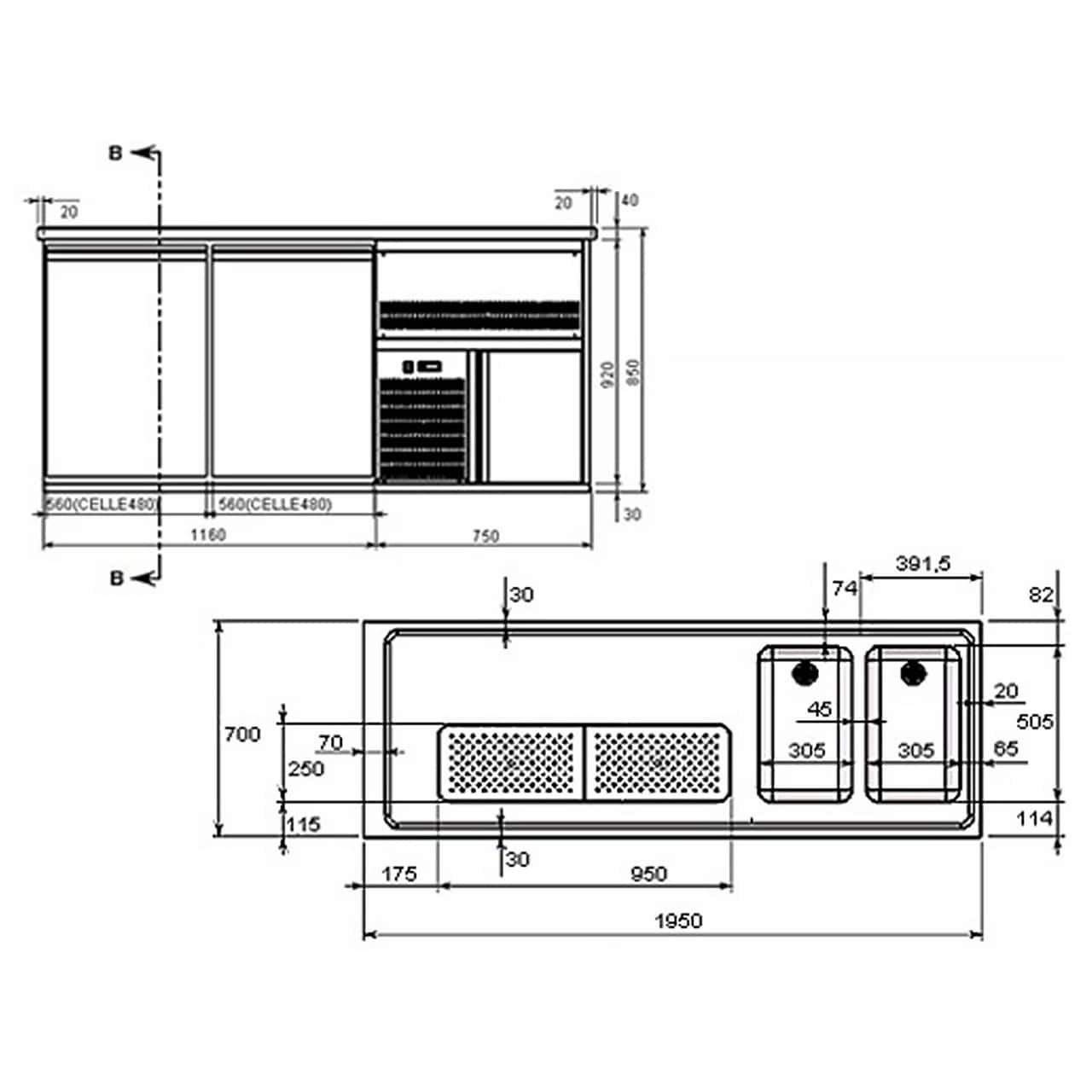 Výčepní pult 1,95 x 0,7 m - 1 dveře se 2 šuplíky 2/5 + 3/5