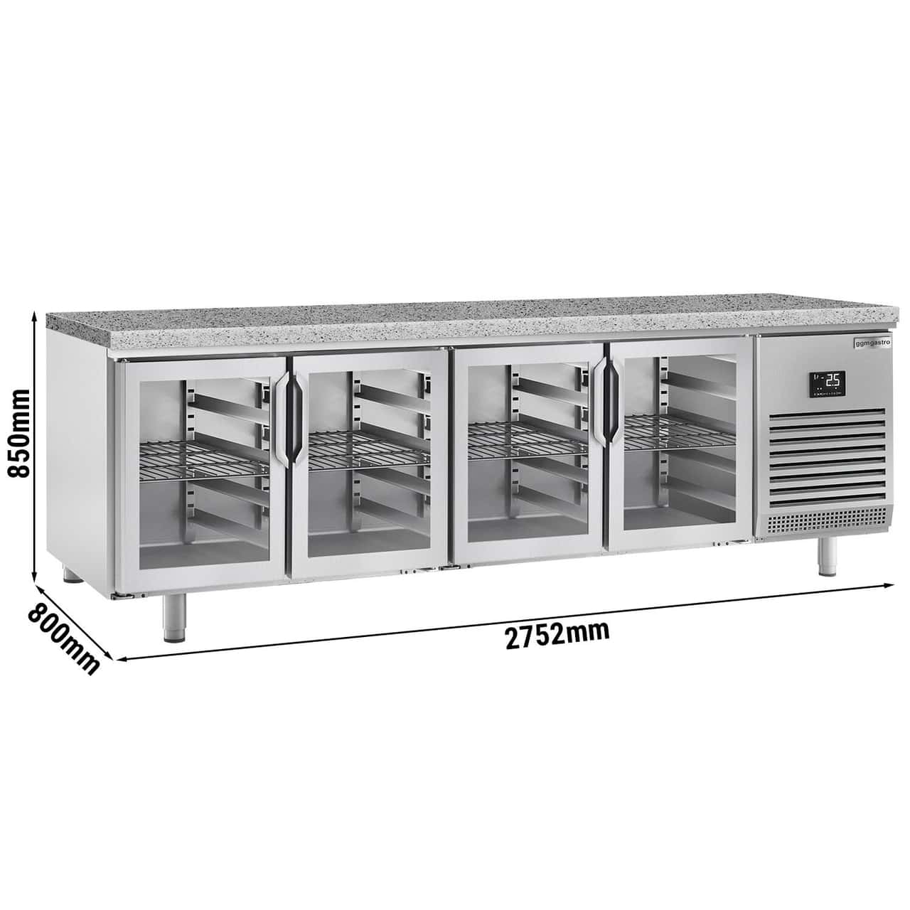 Bäckereikühltisch Premium PLUS - 2752x800mm - 4 Glastüren & Granitarbeitsplatte