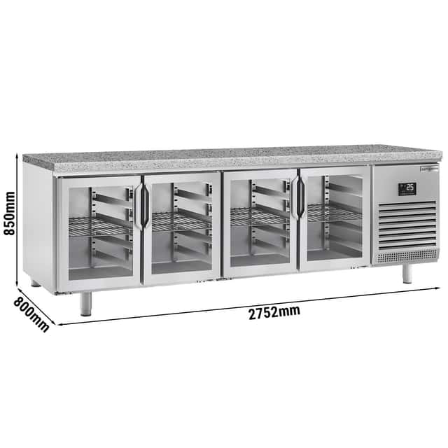 Bäckereikühltisch Premium PLUS - 2752x800mm - 4 Glastüren & Granitarbeitsplatte