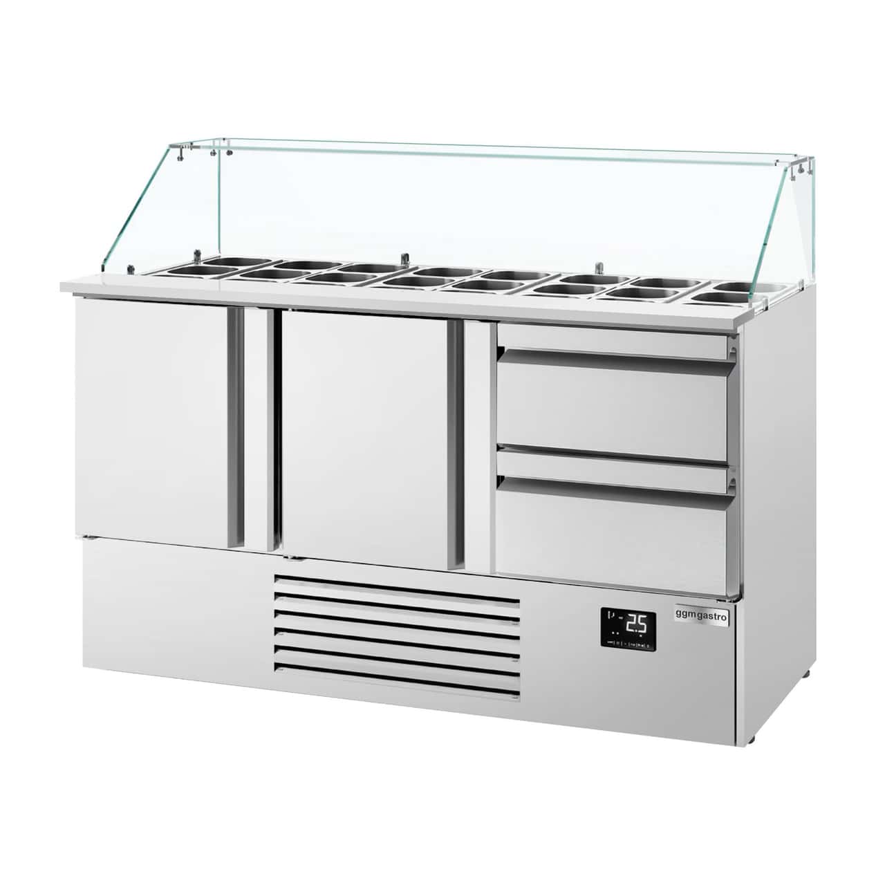 Saladette Premium PLUS - 1460mm - 2 Türen & 2 Schubladen - für 4x 1/1 GN - hoher Glasaufsatz