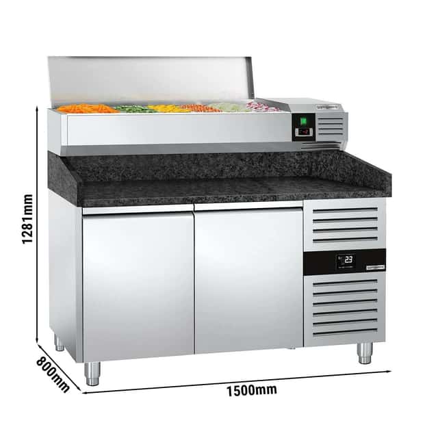 Pizzakühltisch PREMIUM - 1500x800mm - mit 2 Türen - inkl. Kühlaufsatzvitrine - 6x GN 1/3