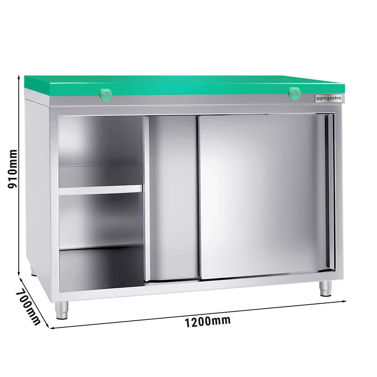 Stainless steel work cabinet PREMIUM - 1200x700mm - with sliding door without backsplash incl. cutting plate