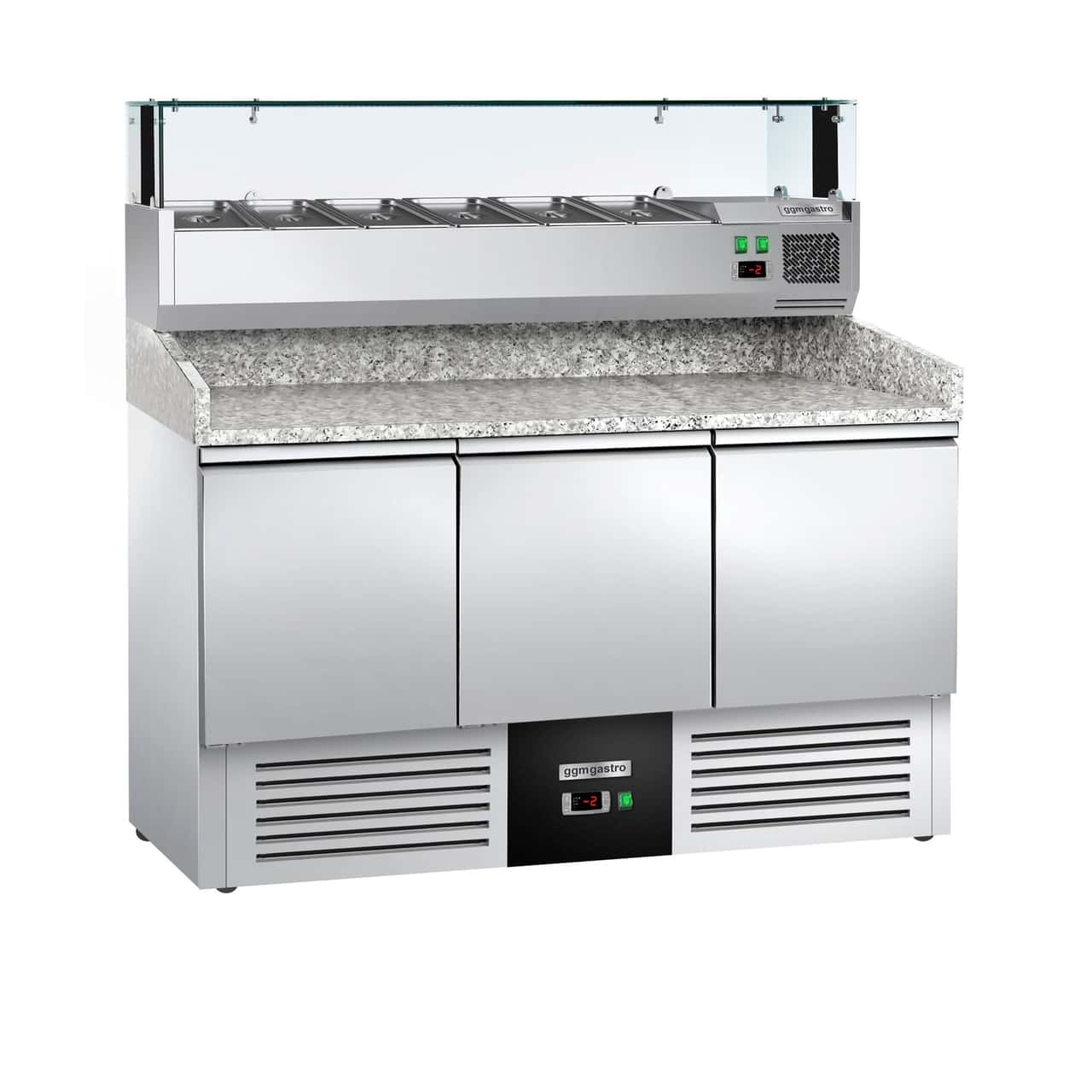 Pizza cooling table PREMIUM- 1400x700mm - 3 doors - incl. refrigerated display case - 6x GN 1/4