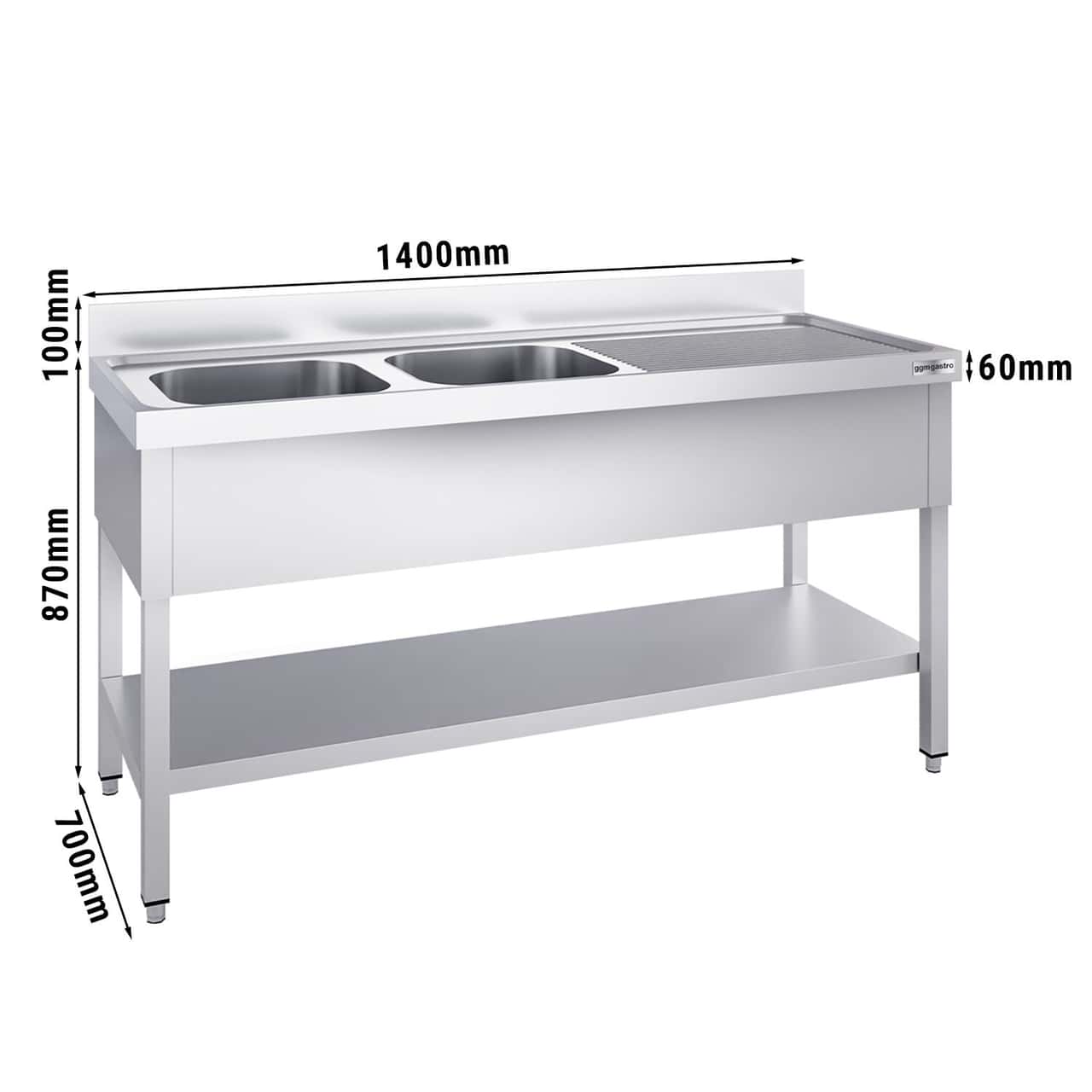 Spültisch PREMIUM - 1400x700mm - mit Grundboden & 2 Becken links