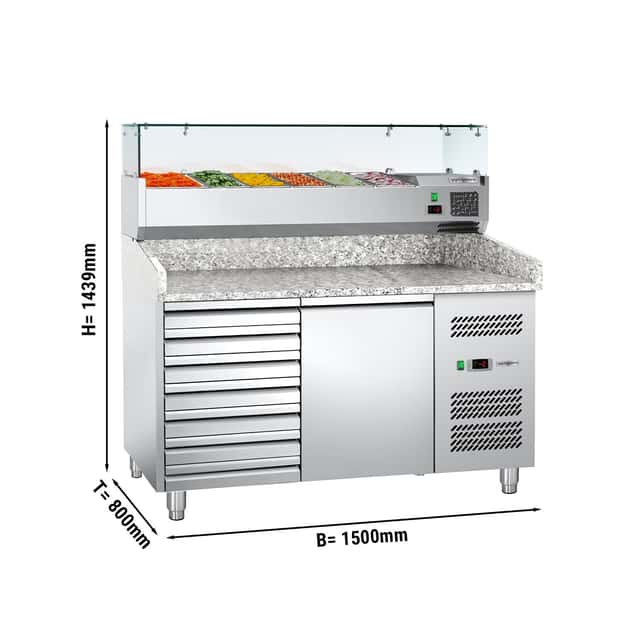 Pizzakühltisch ECO - 1500x800mm - mit 1 Tür & 7 Schubladen - inkl. Kühl-Aufsatzvitrine