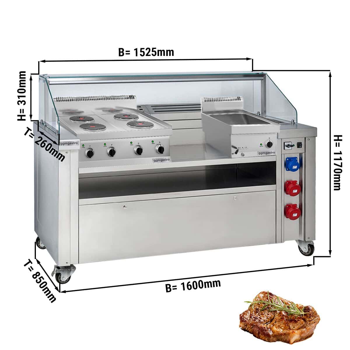 Mobile Kochstation - 1600x850mm - Höhe: 1170mm - inkl. Elektroherd & Bain-Marie