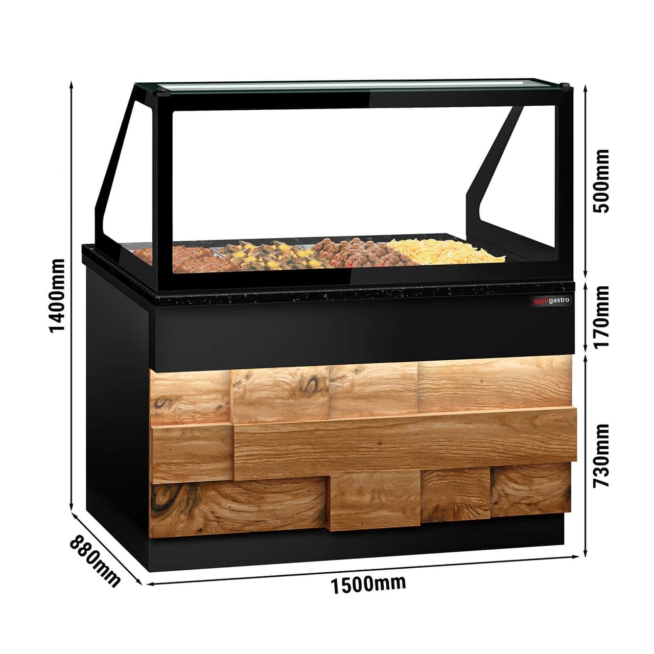 Warmhaltetheke TORONTO - 1500mm - Holzfront - für 4x GN 1/1 - schwarze Granit-Arbeitsplatte