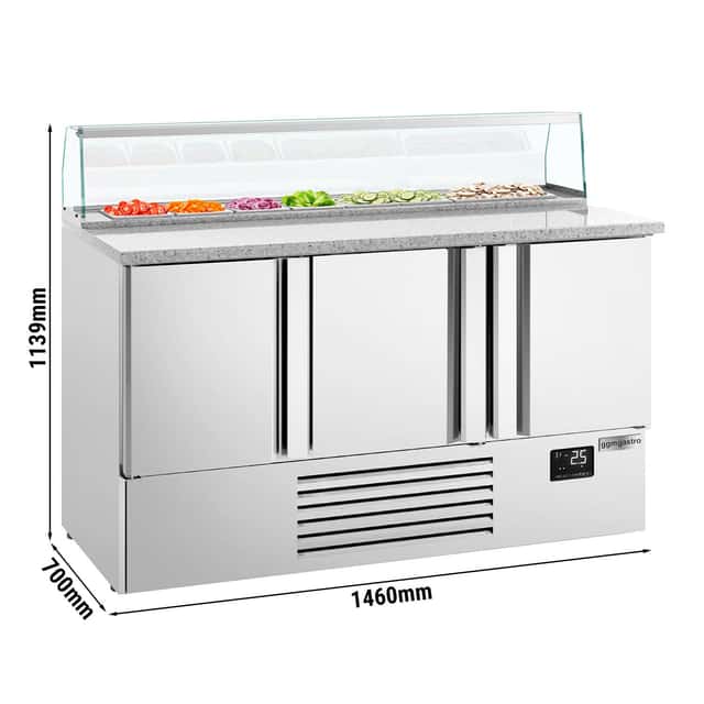 Saladette Premium PLUS - 1460mm - 3 Türen - für 8x GN 1/6 - Glasaufsatz