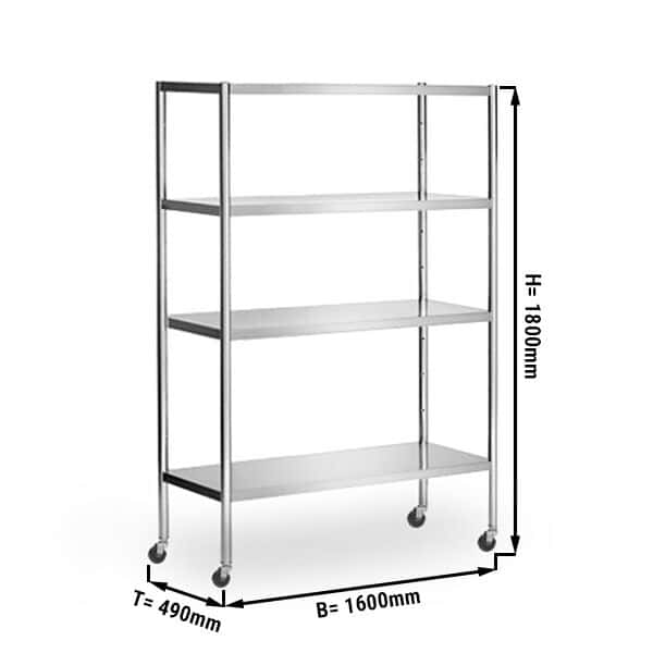 Edelstahlregal PREMIUM - 1600x490mm - mit 4 Ablagen (VERSTELLBAR) - inkl. 4 Räder