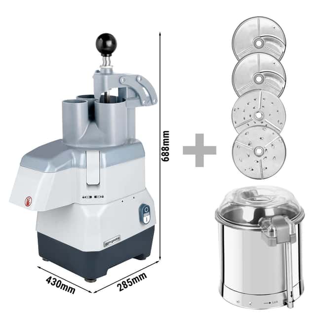 Elektrischer Kompakt-Gemüseschneider - 735 Watt - inkl. 4 Schneide- /Reibescheiben  & Cutter-Aufsatz - Deckel zum klappen