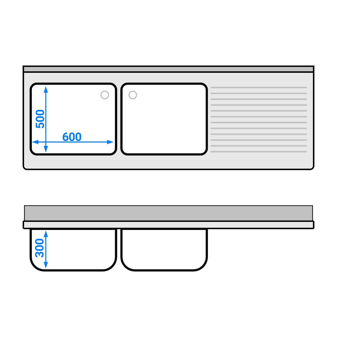 Spülschrank - 2000x700mm - mit 3 Schubladen & 2 Becken links