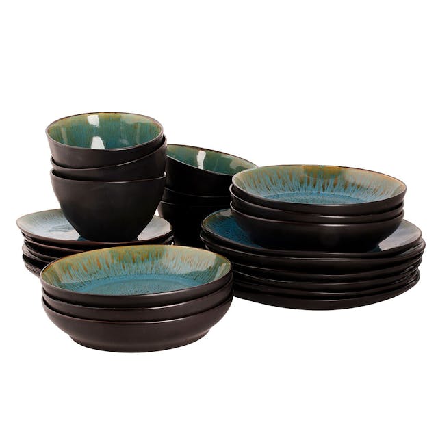 (24-piece) LOTUS - Tableware set - Turquoise/ Black	