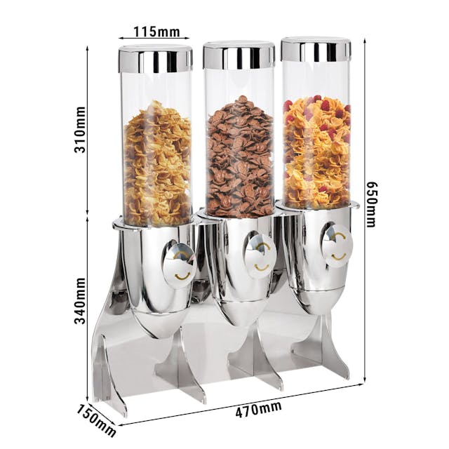 Muesli & cornflakes dispenser - triple -Ø 115mm - chrome - revolving dispenser