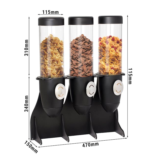 Muesli & cornflakes dispenser - triple - Ø 115mm - black - revolving dispenser
