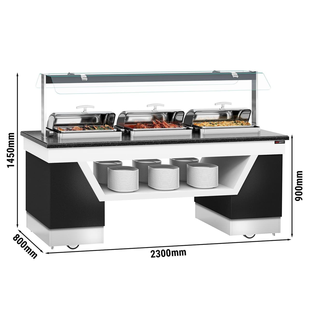 Bufetový pult s ohřevem - se 3 chafing mísami & kolečky - 2300mm