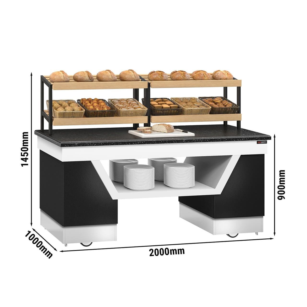 Brotregal BELFAST - 2000mm - mit Rollen - schwarze Granit-Arbeitsplatte