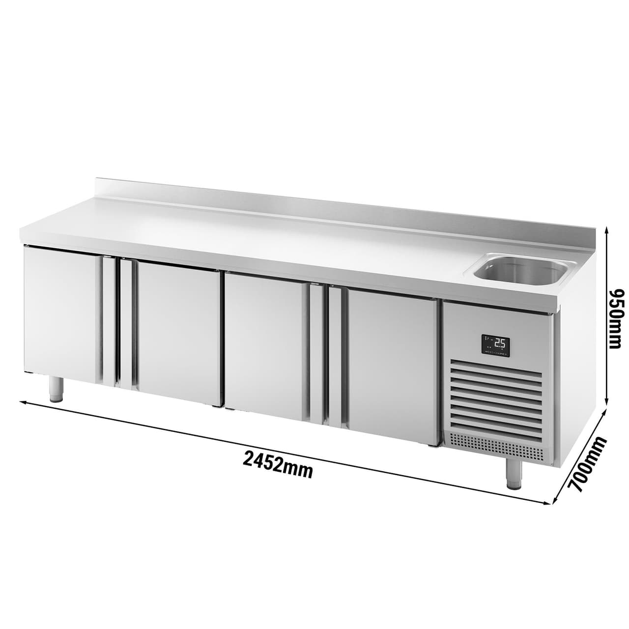 Refrigerated counter Premium PLUS - 2452x700mm - with 1 sink, 4 doors & upstand