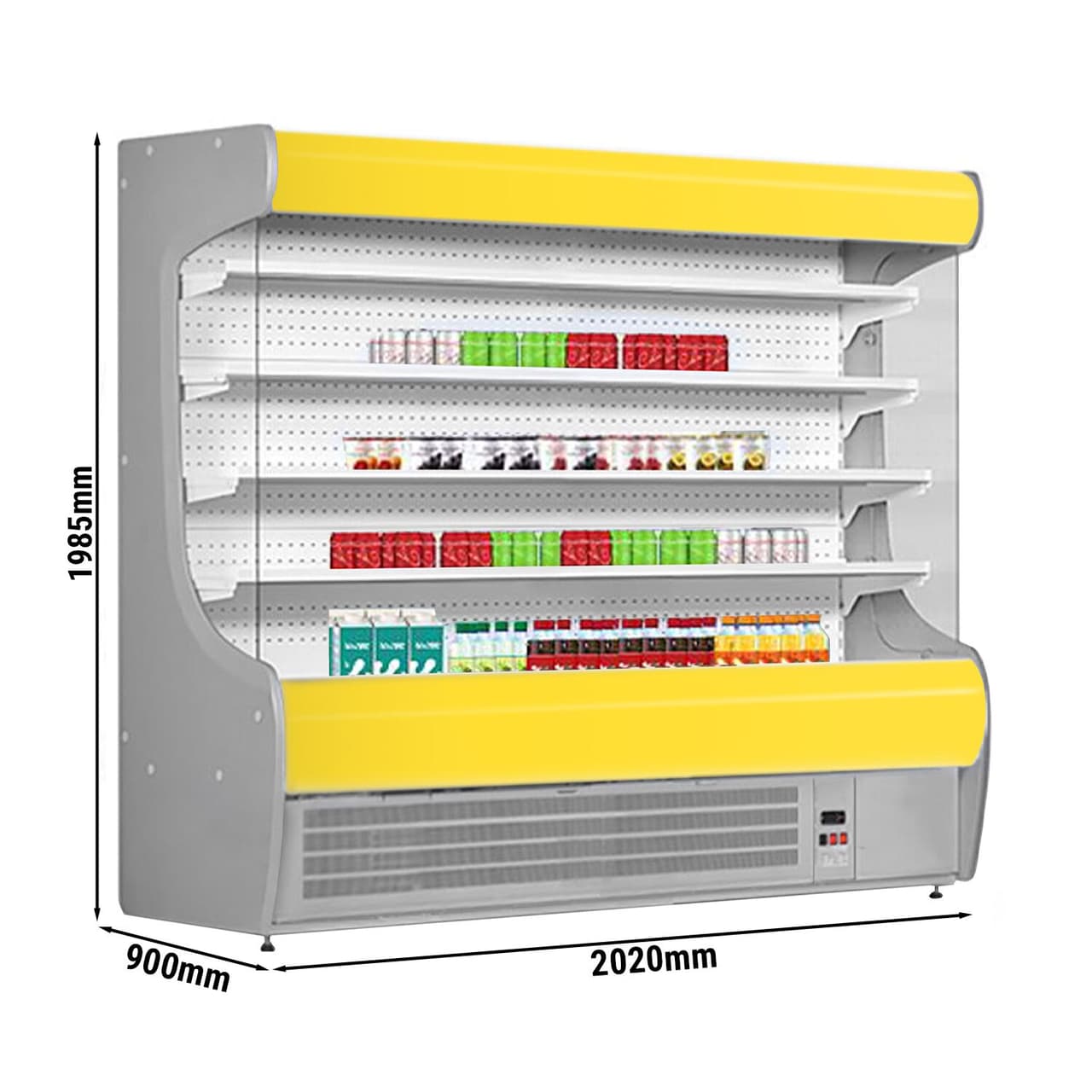 Přístěnný chladicí regál - 2020 mm - s LED osvětlením a 4 policemi - žlutý čelní panel