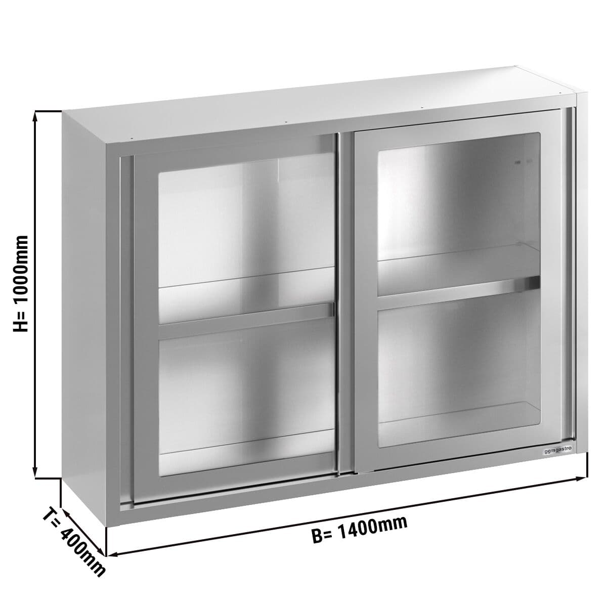 Stainless steel wall cabinet - 1400x400mm - with sliding glass door - 1000mm high