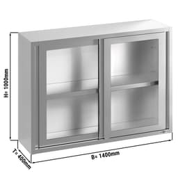 Stainless steel wall cabinet - 1400x400mm - with sliding glass door - 1000mm high