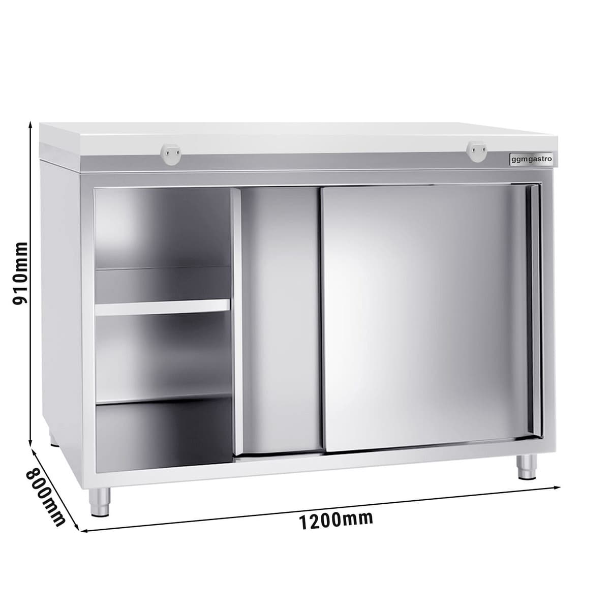 Stainless steel work cabinet PREMIUM - 1200x800mm - with sliding door without backsplash incl. cutting plate