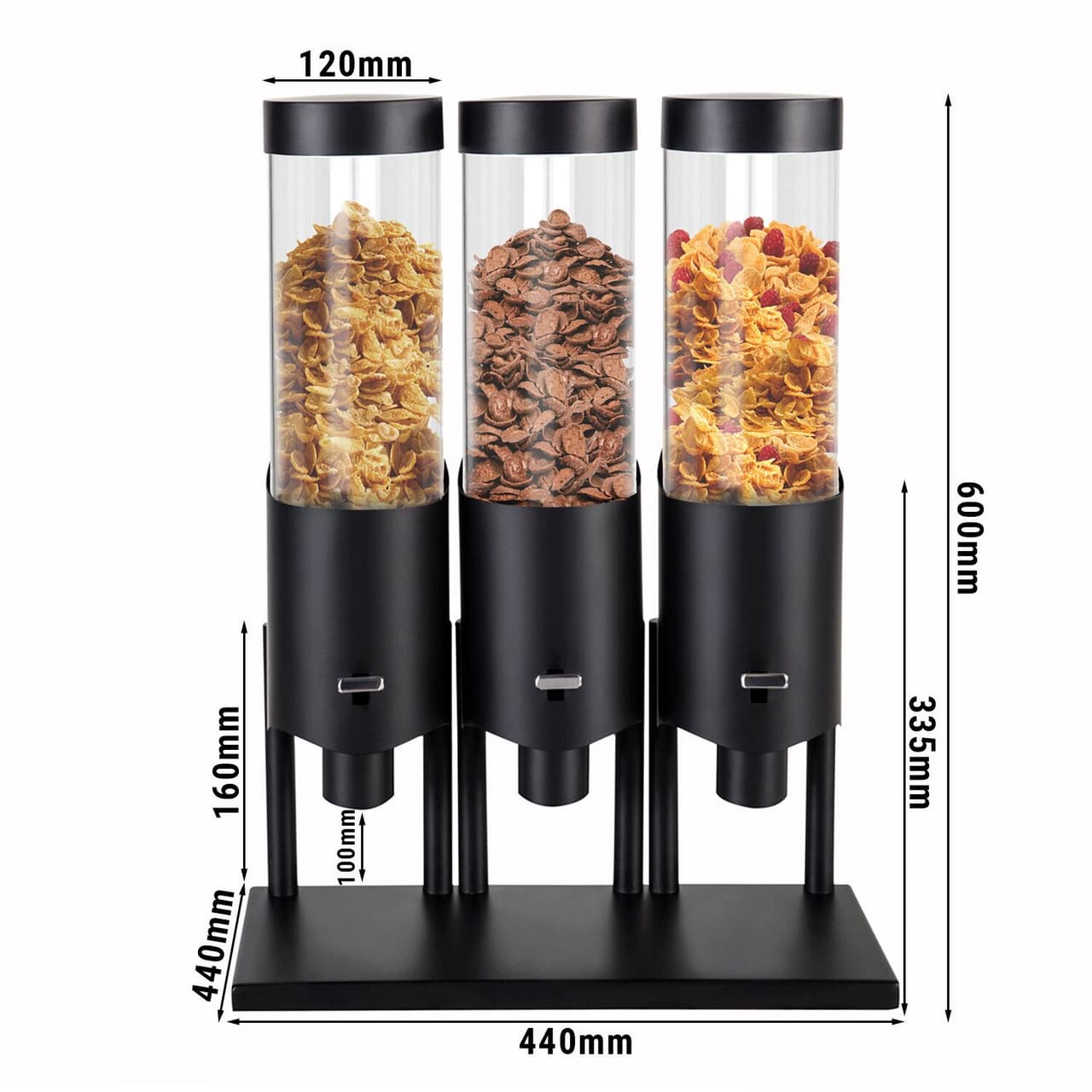 Dávkovač na kukuřičné lupínky - trojitý - Ø 120 mm - černý - pákový dávkovač