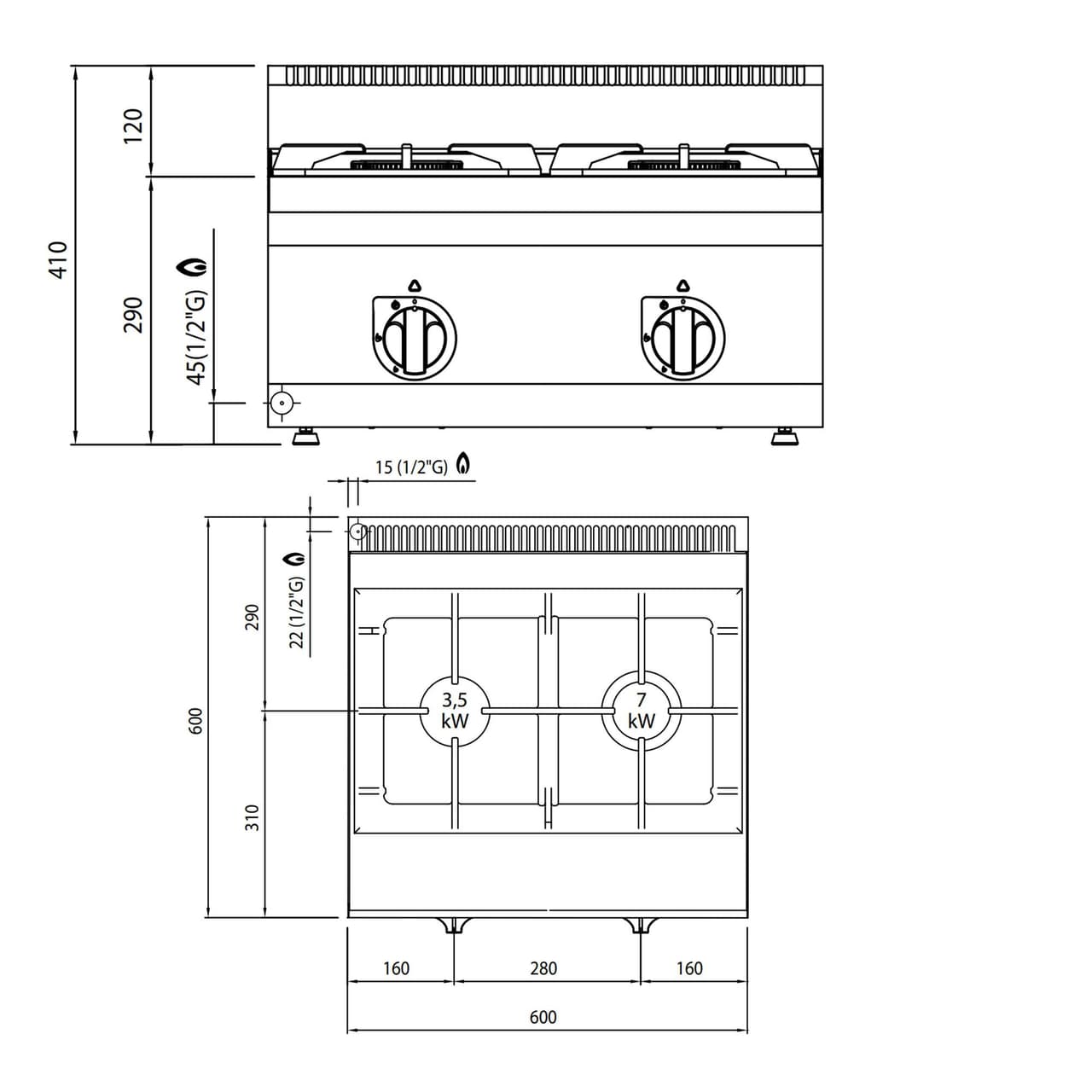 Plynový sporák 2 hořáky (10,5 kW)