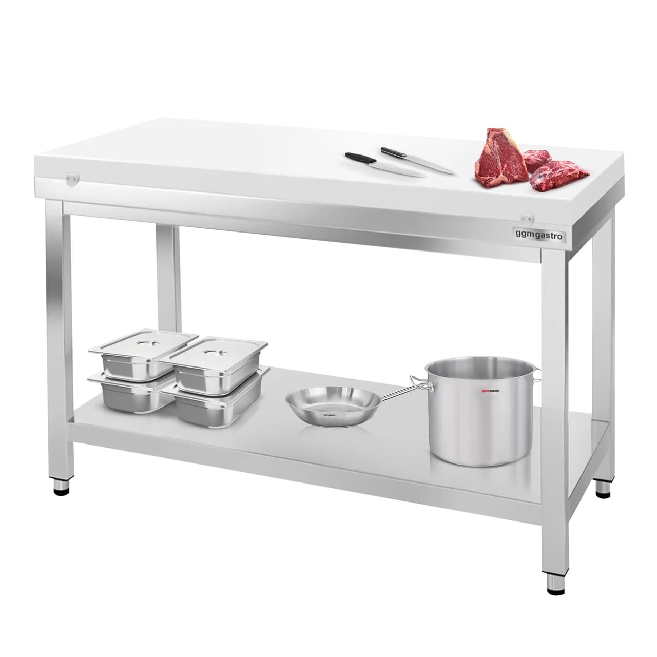 Worktable PREMIUM stainless steel - 1400x700mm - with undershelf without backsplash incl. cutting plate