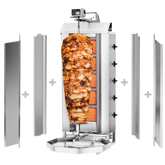 Gril na gyros/kebab - 5 hořáků - max. 80 kg - vč. ochranného plechu a křídlových dvířek