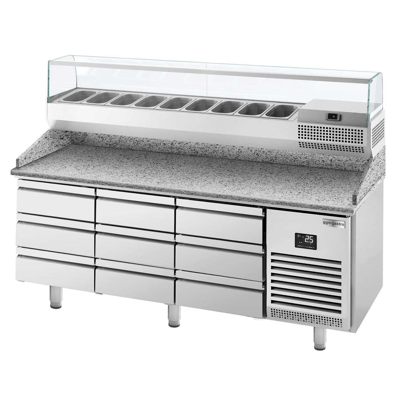 Pizza preparation table Premium PLUS - 1980x700mm - with 9 drawers - incl. refrigerated display case - 9x GN 1/4