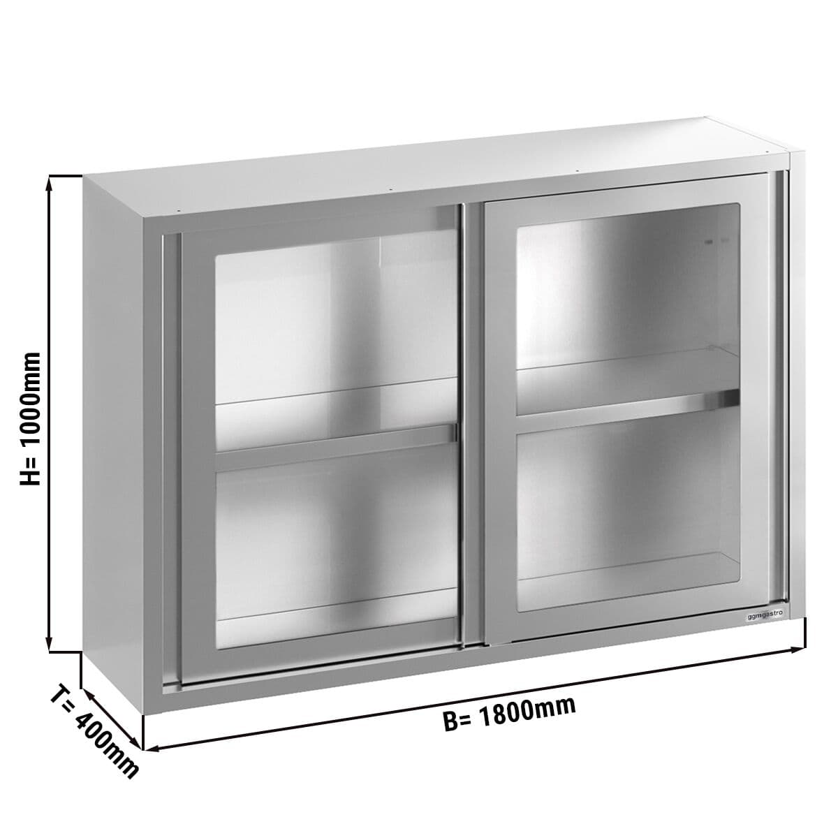 Stainless steel wall cabinet - 1800x400mm - with sliding glass door - 1000mm high