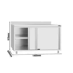 Stainless steel work cabinet ECO - 1400x600mm - with sliding door and backsplash