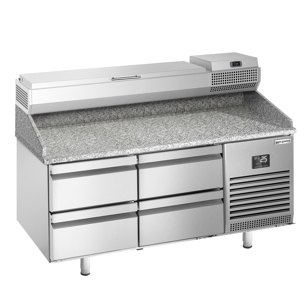 Pizza preparation table Premium PLUS - 1490x700mm - with 4 drawers - incl. refrigerated display case - 6x GN 1/4