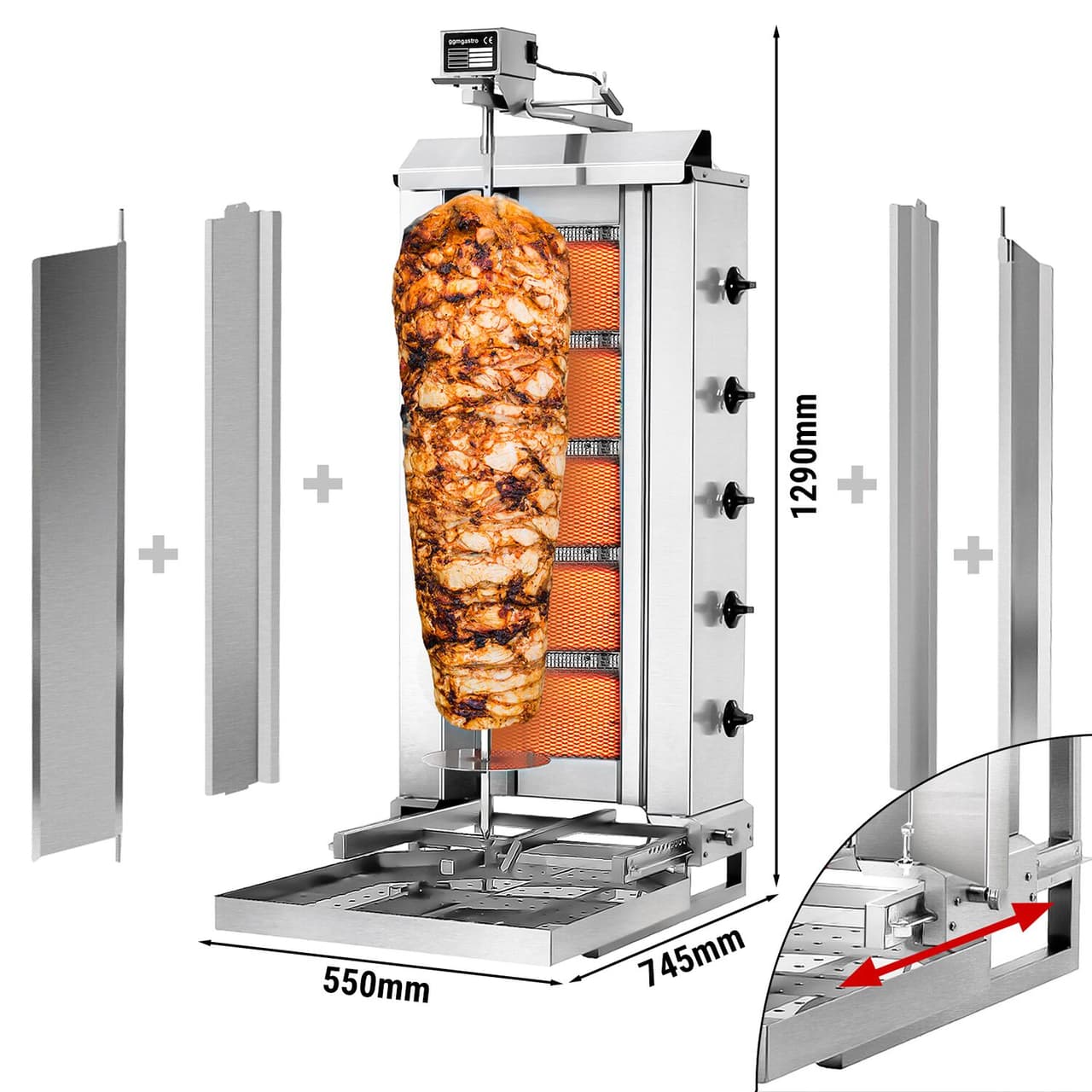 Gril na gyros/kebab - 5 hořáků (pohyblivých) - max. 80 kg - vč. ochranného plechu a křídlových dvířek