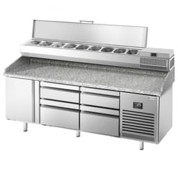 Pizza preparation table Premium PLUS- 1980x700mm - with 1 door & 4 drawers - incl. refrigerated display case - 9x GN 1/4