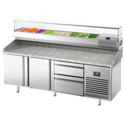 Pizza preparation table Premium PLUS - 1980x700mm - with 2 doors & 2 drawers - incl. refrigerated display case - 9x GN 1/4