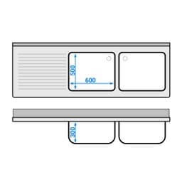 Nerezový mycí stůl ECO - se spodní policí - 2,0 m - 2 dřezy vpravo - D 60 x Š 50 x H 30 cm
