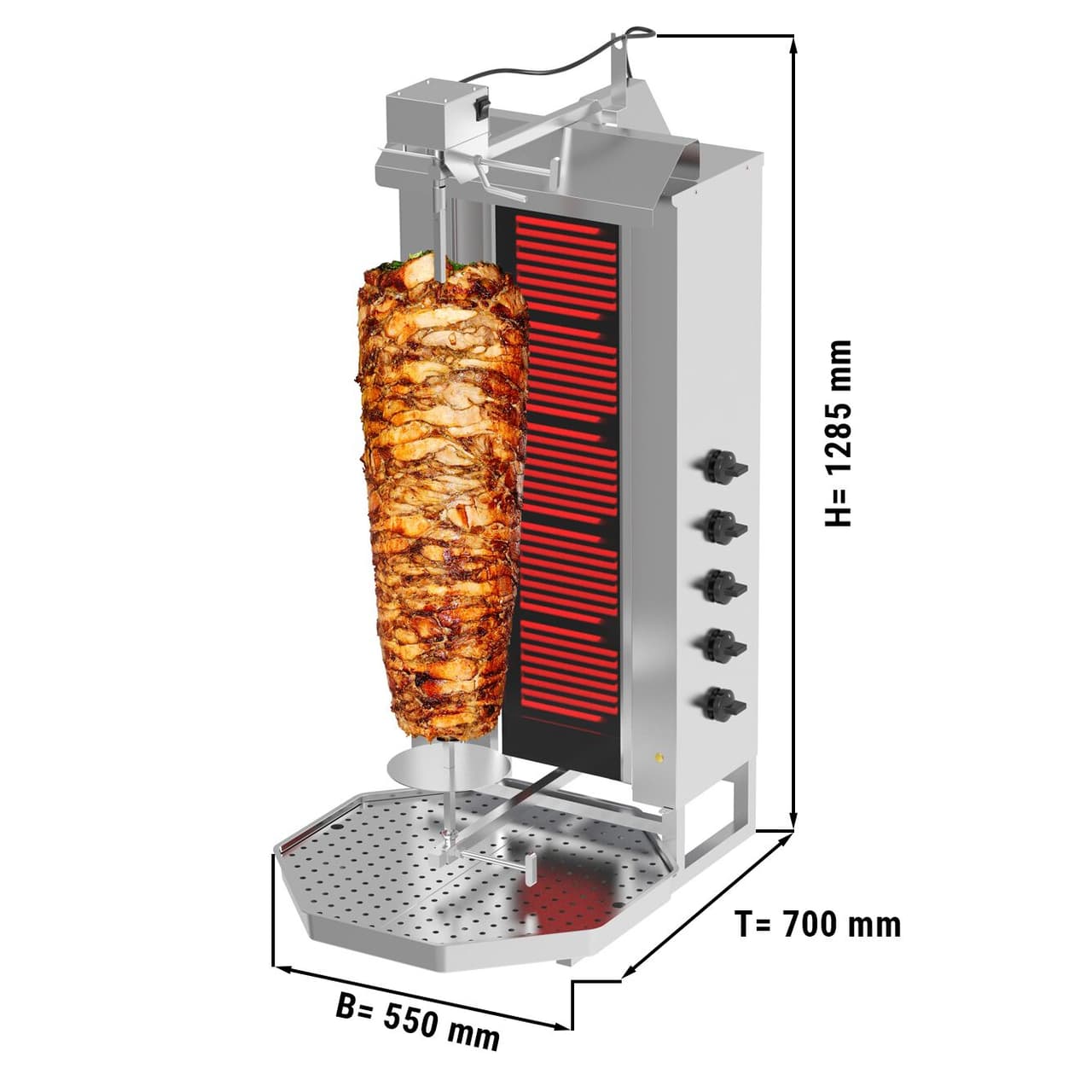 Gril na gyros/kebab - 5 hořáků - max. 80 kg - vč. křídlových dvířek