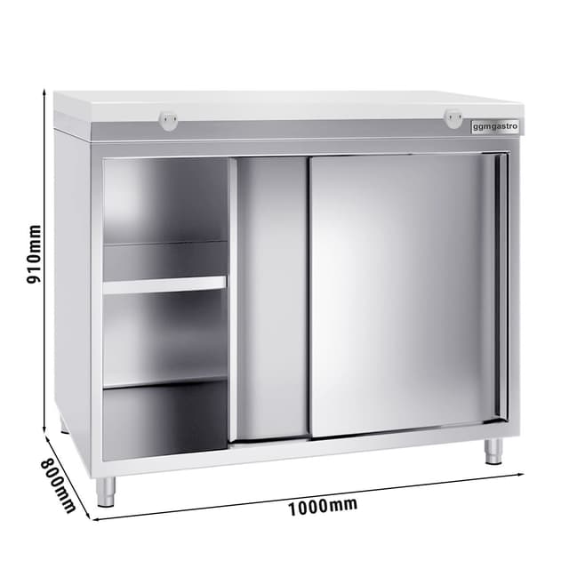 Stainless steel work cabinet PREMIUM - 1000x800mm - with sliding door without backsplash incl. cutting plate