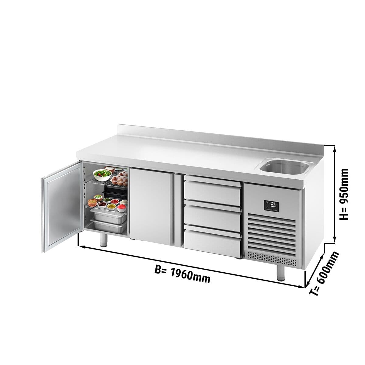 Refrigerated counter Premium PLUS - 1960x600mm - with 1 sink, 2 doors, 3 drawers & backsplash