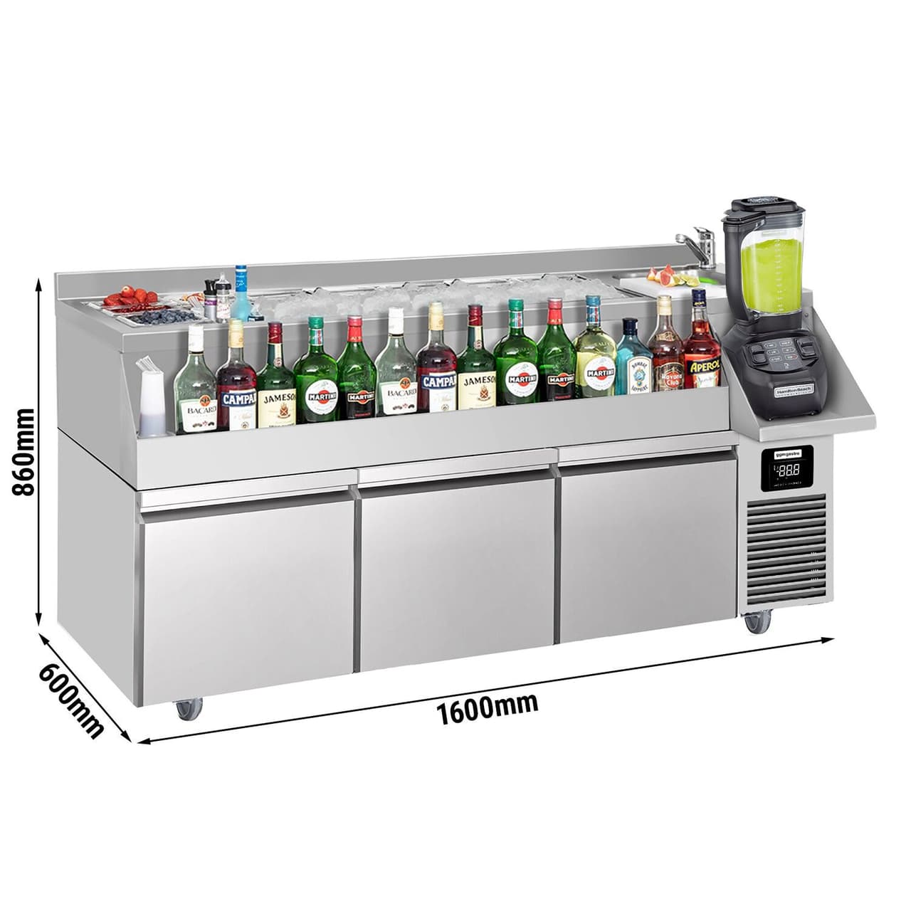 Bar/beverage cooling table - 1600x600mm- 235 Litres- with 3 drawers & shelves