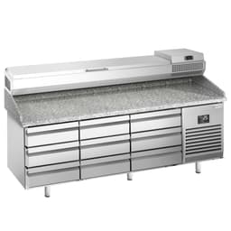 Pizza preparation table Premium PLUS - 1980x700mm - with 9 drawers - incl. refrigerated display case - 9x GN 1/4