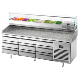 Pizza preparation table Premium PLUS - 1980x700mm - with 9 drawers - incl. refrigerated display case - 9x GN 1/4