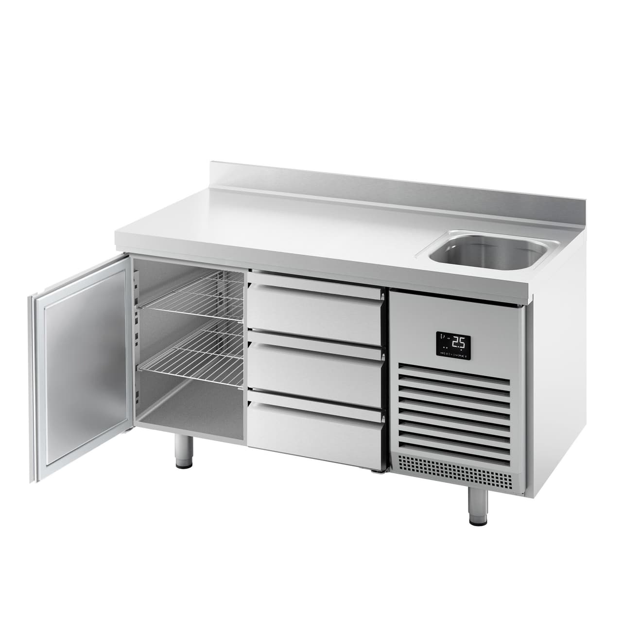 Refrigerated counter Premium PLUS- 1468x600mm -  with 1 sink, 1 door, 3 drawers & backsplash